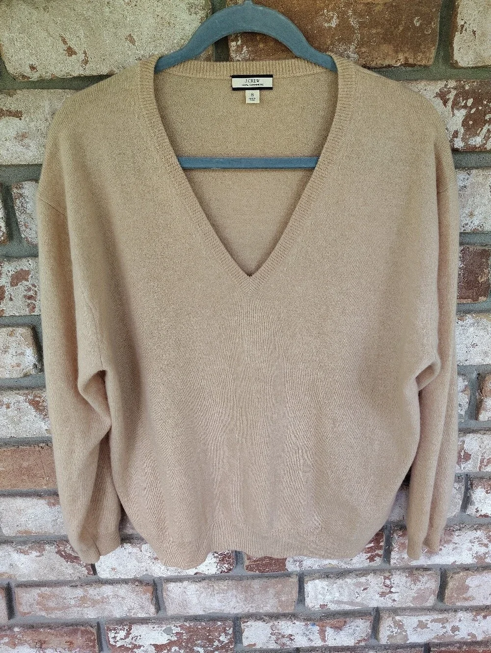 J. Crew Mens Cashmere V-Neck Sweater Sz S Tan Beige Solid Long Sleeve Pullover